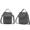 Bolso bandolera gris de cuero granulado para móvil, visto desde ángulos frontal y lateral - Sin Hebilla (J658-1) / Gris oscuro