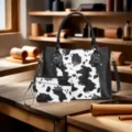 Vista detallada del conjunto de bolso de mano estilo western con estampado de vaca y sobre - Bolso Tote Grande (PG5156) / Negro
