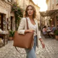 Mujer elegante caminando con un gran bolso tote de cuero marrón en una calle europea - Marrón Cuero