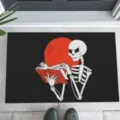 Halloween themed door mat featuring a skeleton reading a book against a red moon - Skeleton Reading with Red Moon (CHDT-2024-01284) / 40*60cm
