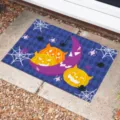 Halloween doormat with cartoon pumpkin and moon design on blue checkered pattern - Spider Moon Grid Style (CHDT-2024-01340)