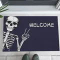 Halloween skeleton welcome doormat with peace sign design for outdoor home entrance - Skeleton Peace Welcome (CHDT-2024-01286)
