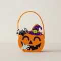 Süßer orangefarbener Filz-Kürbis-Süßigkeitenkorb mit Hexenhut für Halloween-Partys - Fledermaus & Kürbis / Orange