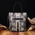 Detailed front view of a vintage style tote bag featuring bold snakeskin print and black handles - Black Snake Print (PG5062)