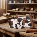 Detalle del bolso de hombro con estampado de vaca y estuche en un banco de trabajo. - Juego de 2 Bolsos (PG5153) / Marrón