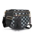 Bolso bandolera de moda en tela Oxford con diseño de cuadros gris y negro y cremalleras. - Estilo en Forma de Concha (MG6003-1) / Cuadros Negro-Gris