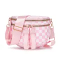 Elegante bolso bandolera de oxford a cuadros rosa y blanco con detalles dorados premium - Estilo en Forma de Concha (MG6003-1) / Cuadrícula Rosa Brillante y Blanco