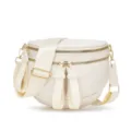 Elegante bolso bandolera de tela oxford blanco crema con cremalleras doradas brillantes - Estilo en Forma de Concha (MG6003-1) / Beige