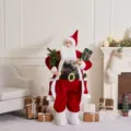 Festive standing Santa Claus figurine with sequins holding a mini tree decoration - 30cm / Plum Velvet & Dark Green Sequin Style (SCD2625)