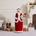 Festive standing Mrs. Claus doll in plum red holding a sparkling silver gift bag - 30cm / Plum Red
