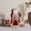 Standing Santa Claus figurine in red velvet coat with sequins for Christmas decor. - Plum Sequin Green Vest Style (SCD2627)