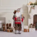 Standing Santa Claus figurine in grey fur vest with skis, cozy Christmas decor - Nordic Grey Skiing Style (SCD2629)