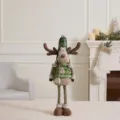 Standing retractable Christmas reindeer plush toy with clover green hat and striped legs - Medium Retractable Reindeer (Round Hat) / Mallow Green