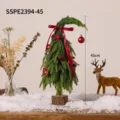 Sapin de Noël PE 45cm à col courbé avec ruban rouge et boules sur base de neige - Style Ensemble Rouge Moyen / 45cm