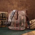 Detail view of a vintage Bohemian crossbody bag with snakeskin pattern and leather - Snake Print Brown (PG5057)