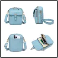 Vista multiángulo detallada de un bolso bandolera azul claro con compartimentos de guardado. - 10 Ranuras para Tarjetas (RFID) / Azul Claro (PG5120-1)