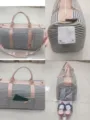 Gran bolsa de lona a rayas para mujer con ribete de cuero rosa y compartimento zapatos - Lona Rayas Negras