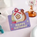 Carte de vœux violette créative avec gâteau de dessin animé et texte Joyeux Anniversaire - Petit Gâteau Rétro (Style 1) / Lot de 10 feuilles