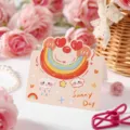 Cute rainbow cartoon greeting card with mini hearts and Sunny Day handwritten text - Rainbow Smiley (Cartoon Graffiti) / 10 Sheets Set / Beige