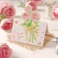 Elegante biglietto d'auguri 3D con rose rosa e testo 'love you' per regali festivi - Nuovo Stile Bouquet 5 / Set di 10 fogli