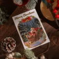 Tarjeta de felicitación navideña vintage con texto dorado Merry Christmas - Trineo de Papá Noel (3)