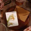 Tarjeta de felicitación vintage blanca con ilustración de arroz dorado y sobre kraft - Espiga de Arroz (2026071702) / Con Sobre y Bolsa OPP
