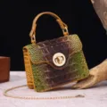 Vintage crocodile embossed crossbody handbag with gradient finish and gold chain strap - Brown + Goldfish Color
