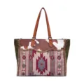 Front view detail of Bohemian canvas tote with cow print and frayed fringe edges - Tote Bag With Wallet Set / Green