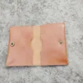 Detailed open view of a vintage tan crazy horse leather card holder with brass snap - Vintage Card Case / Brown