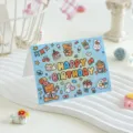 Cute blue Happy Birthday greeting card featuring cartoon bear and cat illustrations - Light Blue (Bear/Cat/Rabbit)