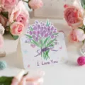 Handgezeichnete Grußkarte mit lila Tulpen und I Love You Botschaft zum Valentinstag. - Lila Tulpe (Ich liebe dich)