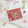 Cute red folding birthday greeting card with cartoon animal and cake illustrations - Red (Cat/Rabbit/Bear)