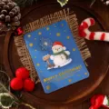 Festive blue Christmas greeting card with 3D snowman and gold foil elements - Christmas Snowman Style