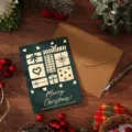 Vintage dunkelgrüne Weihnachtskarte mit Goldfolien-Schriftzug und Umschlag - Geschenk (Grün) / Einzelpackung (Inklusive Umschlag und Aufkleber)