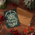 Vintage grüne Weihnachtskarte mit Goldfolie und braunem Kraftpapierumschlag - Bogen (Grün) / Einzelpackung (Inklusive Umschlag und Aufkleber)