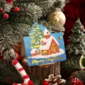 Tarjeta de Navidad azul con diseño de casa y árbol estampado en oro - Casa