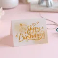 Elegant white birthday greeting card with gold foil Happy Birthday and cake design - Style 3