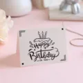 Minimalist hand-drawn Happy Birthday card with cake illustration on pink background - Style 5