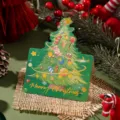 Festive Christmas greeting card featuring a gold foil tree on a burlap background - Christmas Tree Style 4 / Green