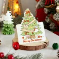 Hand-drawn cartoon Christmas tree greeting card with Merry Christmas text on wooden base - Style 4