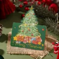 Folded green Christmas greeting card with gold foil tree and gifts illustration - Christmas Tree Style 5