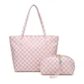 Conjunto de bolso tote a cuadros rosa y blanco de moda con neceser para cosméticos - Cuadros Rosa y Blanco