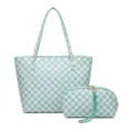Bolso tote de cuadros verde menta y blanco con bolsa de almacenamiento a juego. - Cuadrícula Azul Hielo