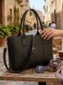 Elegante bolso tote de cuero negro para mujer, bolso grande de hombro para viaje y portátil - Negro Cuero