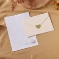 Sobre de lino y juego de papelería vintage con pegatina de sello en forma de corazón dorado - Sin Papel de Cartas / 1 Sobre + 1 Pegatina / Blanco
