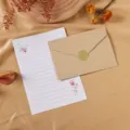 Juego de sobre de lino vintage y papel de escribir con elegante diseño floral - Sin Papel de Cartas / 1 Sobre + 1 Pegatina / Marrón