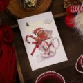 Christmas gold foil greeting card featuring gingerbread man in reindeer cup - Gingerbread Man in Cup