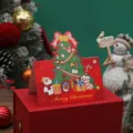 Tarjeta de felicitación navideña vintage roja con ilustración de árbol y muñeco de nieve - Estilo de Árbol de Navidad