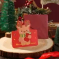 Cute cartoon reindeer Christmas greeting card set with a deep red envelope on a wooden base - Christmas Deer / Single Piece (With Envelope)