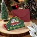 Festive Christmas truck greeting card with burgundy envelope on natural wooden base - Santa Giving Gifts / With Envelope and OPP Bag